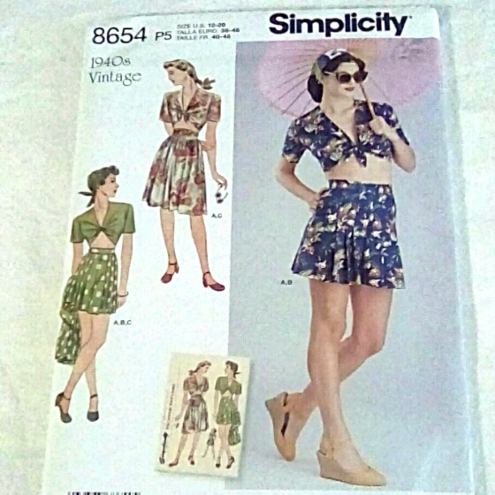 SIMPLICITY 8654 Sz 12-20, 1940s Vintage, skirt, shorts, tie front top